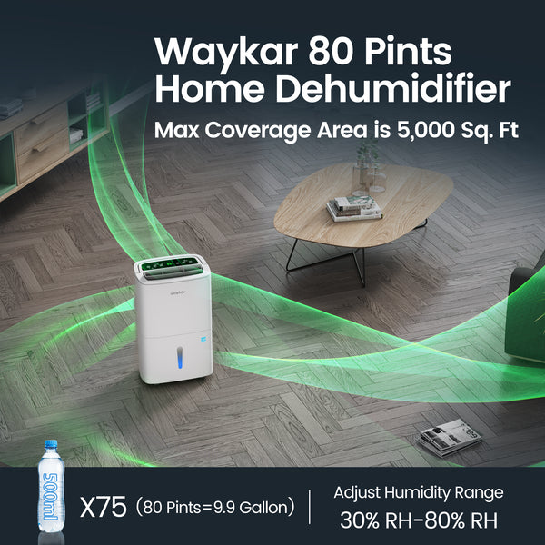 Waykar 80 Pints Energy Star Home Dehumidifier for Spaces up to 5,000 Sq. Ft at Home, in Basements and Large Rooms with Drain Hose, Handle, Auto Defrost and Self-Drying