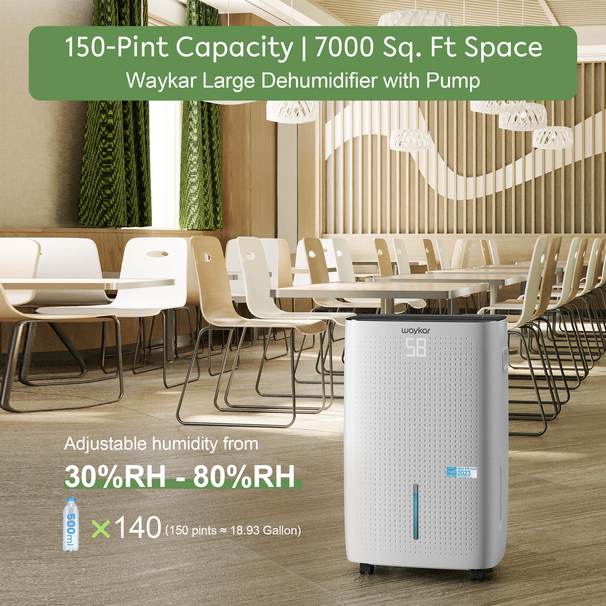Waykar 150 Pints 7,000 Sq. Ft ENERGY STAR Most Efficient Dehumidifier with Pump for Commercial and Industrial Large Room, Warehouse, Storage, Home, Basement with Drain Hose