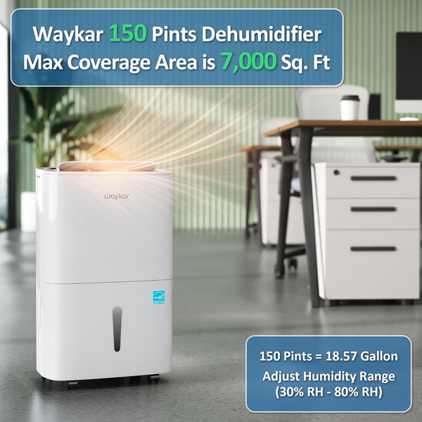 Waykar 150 Pints Energy Star Dehumidifier for Spaces up to 7,000 Sq. Ft at Commercial and Industrial Large Room, Warehouse, Storage, Home, Basement, Bedroom with Drain Hose, Auto Defrost, Self-Drying