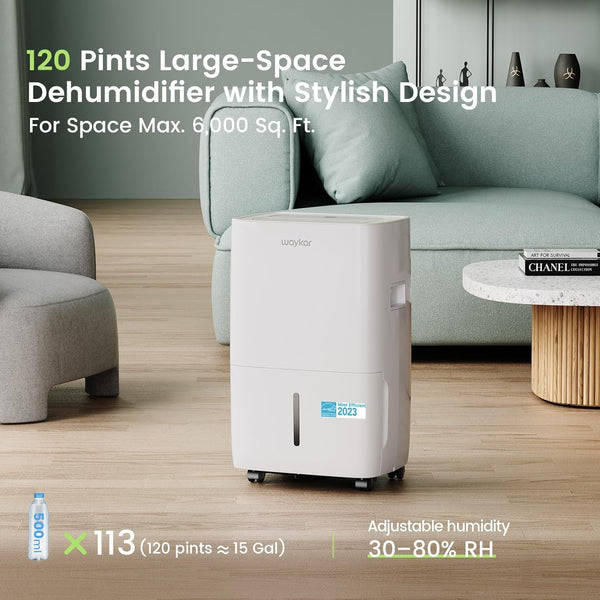 120 Pints Energy Star Dehumidifier for Spaces up to 6,000 Sq. Ft at Home, in Basements and Large Rooms with Drain Hose and 1.14 Gallons Water Tank