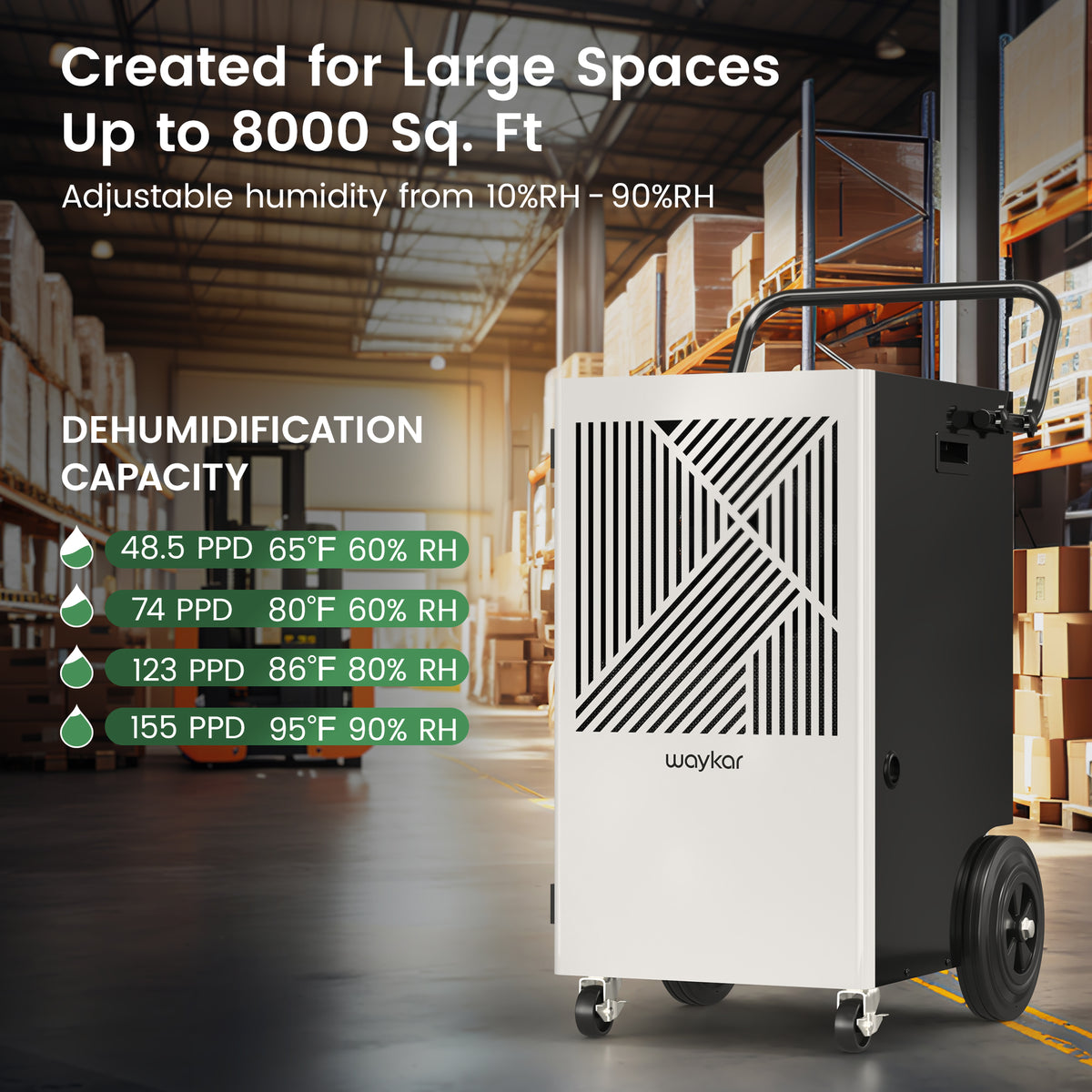 Waykar 155 Pints Commercial Dehumidifier with Pump, Drain Hose and Washable Filter, for Space up to 8000 Sq. Ft, for Basements, Industrial or Commercial Spaces and Flood Restoration - 5 Years Warranty (Model: DP603B)