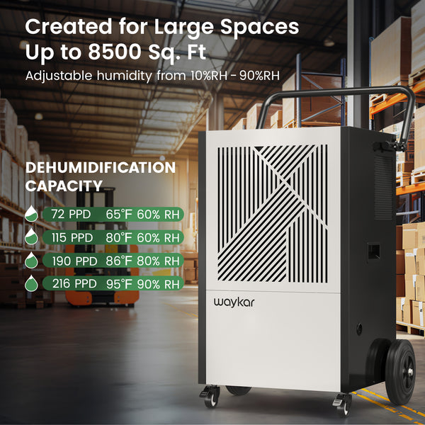 Waykar 216 Pints Commercial Dehumidifier with Pump, Drain Hose and Washable Filter for Space up to 8500 Sq. Ft, for Basements, Industrial or Commercial Spaces and Flood Restoration - 5 Years Warranty (Model: DP903B)