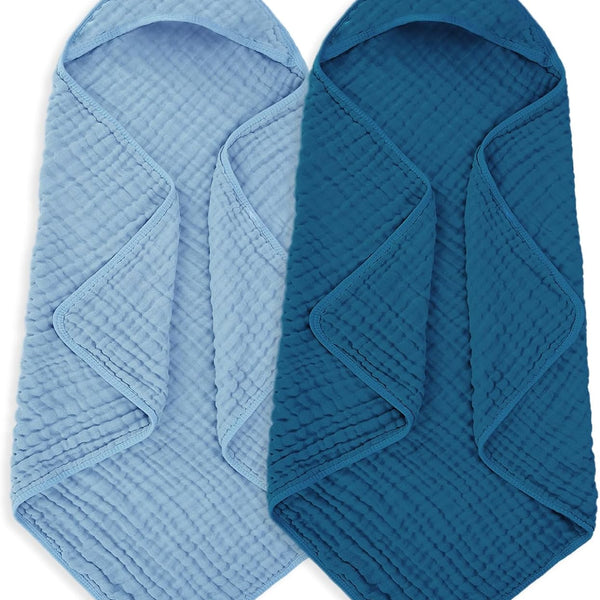 Muslin Hooded Baby Towels – 100% Cotton, Super Soft, 32 x 32 Inches | Light & Dark Blue | For Newborns to 3 Years