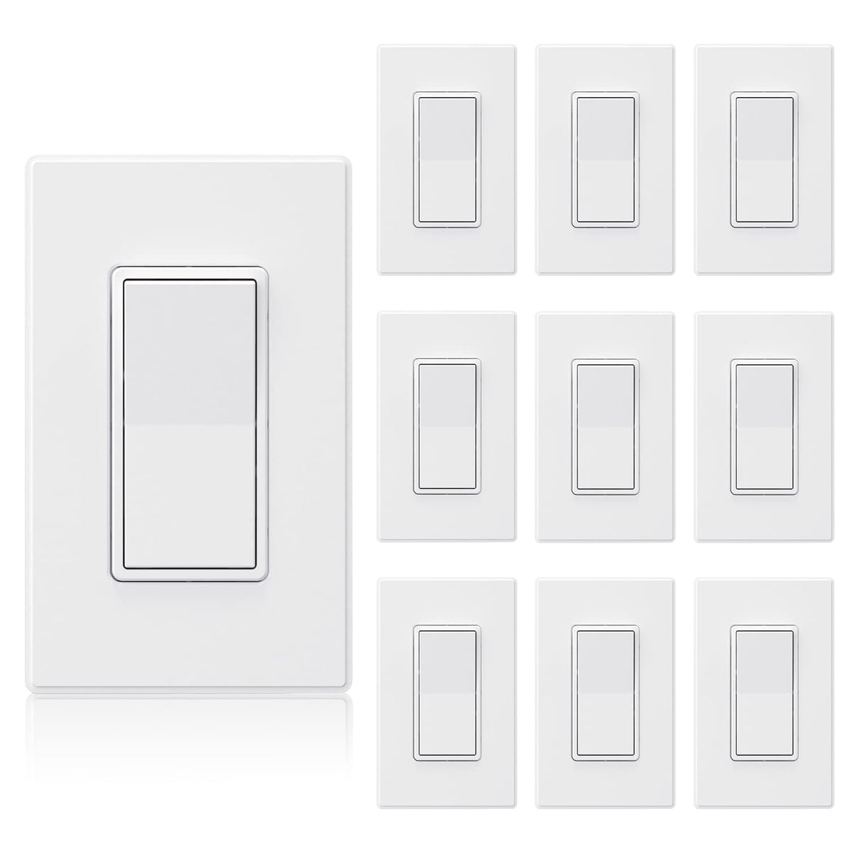 Matte White Single Pole Decorator Light Switch 15A – Paddle Rocker On/Off, Self-Grounding, Residential Grade w/ Wall Plate, UL/CUL (10 Pack)