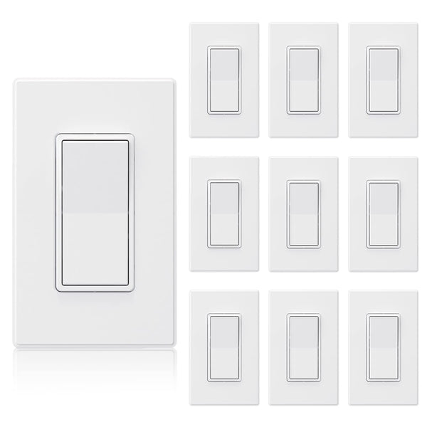 Matte White Single Pole Decorator Light Switch 15A – Paddle Rocker On/Off, Self-Grounding, Residential Grade w/ Wall Plate, UL/CUL (10 Pack)