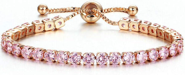 Women’s Adjustable Tennis Bracelet – 14K Rose Gold Plated with Pink Cubic Zirconia, Hypoallergenic Bolo Bracelet Gift