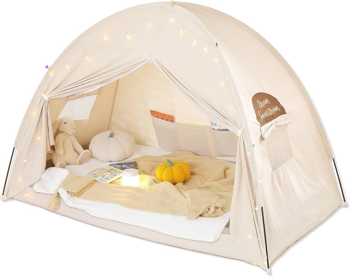 Twin Bed Tent for Kids – Indoor Blackout Sleeping Tent with Dreamy Canopy & Star Lights, Breathable Privacy Bed Tent