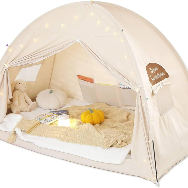 Twin Bed Tent for Kids – Indoor Blackout Sleeping Tent with Dreamy Canopy & Star Lights, Breathable Privacy Bed Tent