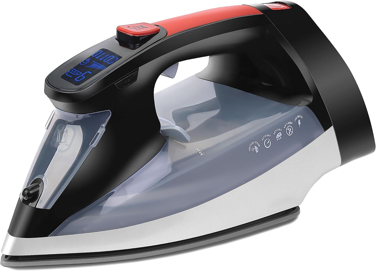Professional 1700W Digital Steam Iron – 11 Heat Settings, Multi-Color LCD Display, Precision Ironing, Horizontal & Vertical Steam, 8' Retractable Cord, Black & Red