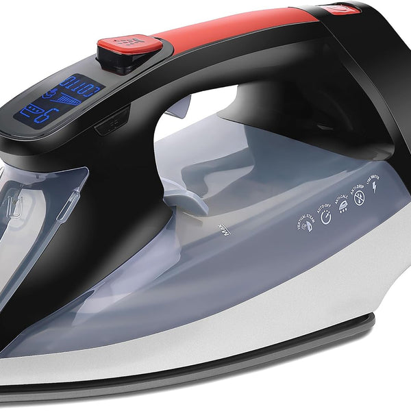 Professional 1700W Digital Steam Iron – 11 Heat Settings, Multi-Color LCD Display, Precision Ironing, Horizontal & Vertical Steam, 8' Retractable Cord, Black & Red