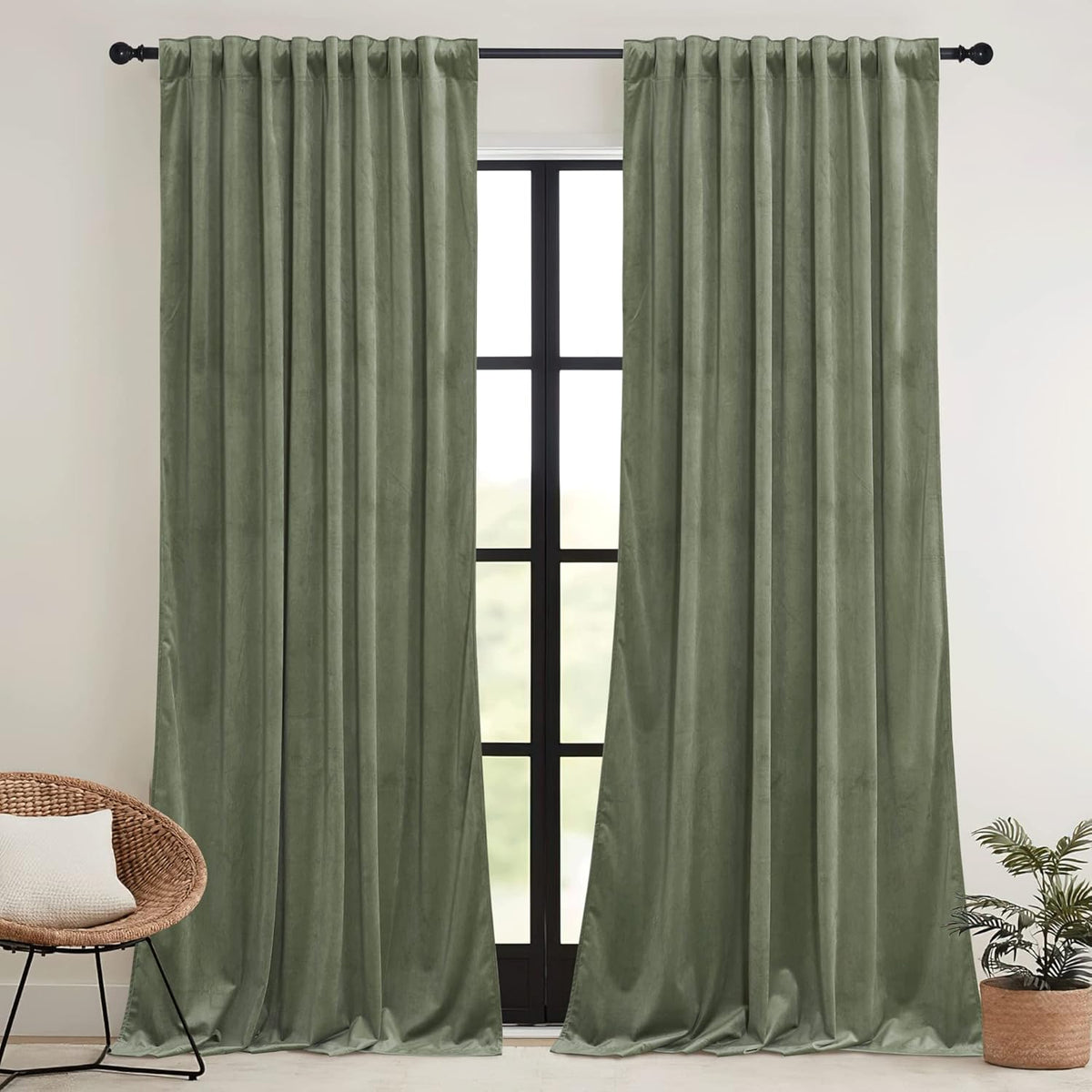 Sage Green Velvet Curtains 96 Inch – Room Darkening Thermal Insulated Drapes, 2 Panels (W52 x L96 Inches Each)