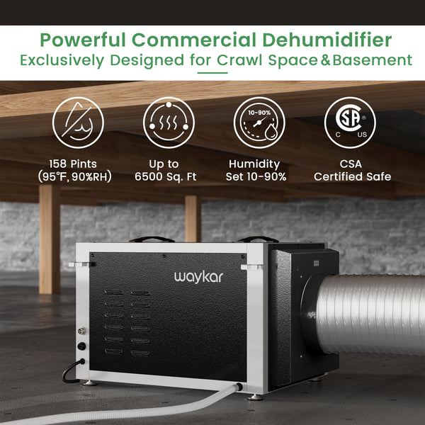 Waykar 158 Pints Commercial Dehumidifier-Hoistable Industrial Dehumidifier with Carrying Handle with Separate Control Panel and Sensor-For 6500 Sq. Ft Crawl Spaces, Basements, Whole Home