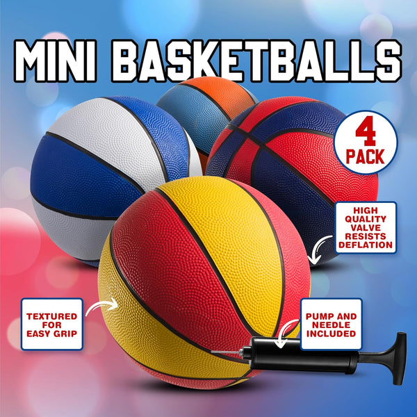 Rubber Mini Basketballs – Size 3, 7-Inch (Pack of 4) with Pump | Indoor, Outdoor & Pool Play for Kids