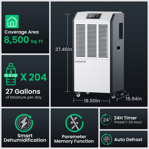 Waykar 216 Pints Large Commercial Dehumidifier with Drain Hose, Dehumidifier in Large Space up to 8500 Sq. Ft for Large Basements, Industrial/Commercial Spaces, Job Sites, Whole House, 5-Year Warranty