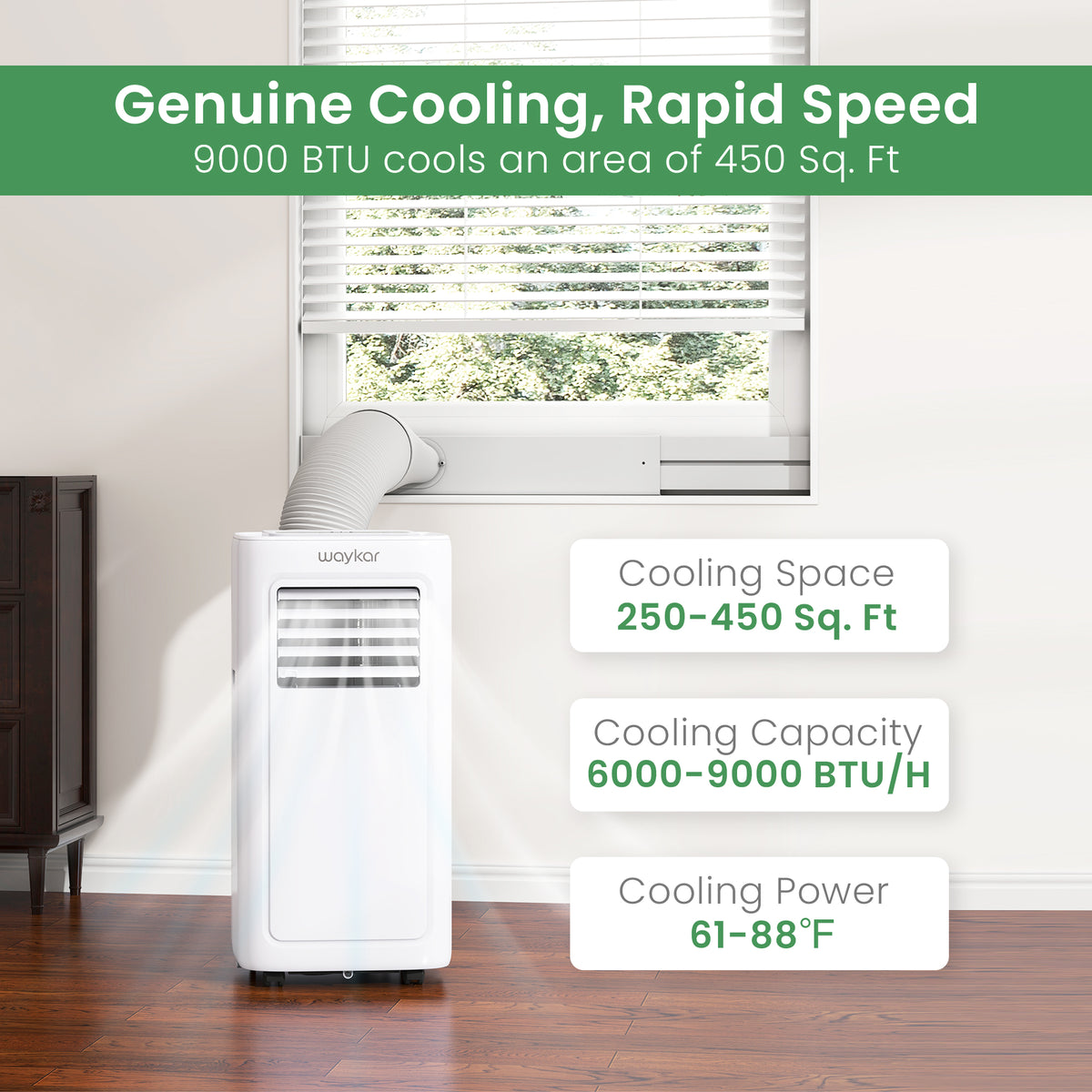 9,000 BTU Portable Air Conditioner, Up to 450 Sq. Ft. Spce Coverage with Air-Cooled Condensers, 3-in-1 Room Air Conditioner with Drain Hose, 24-Hr Timer
