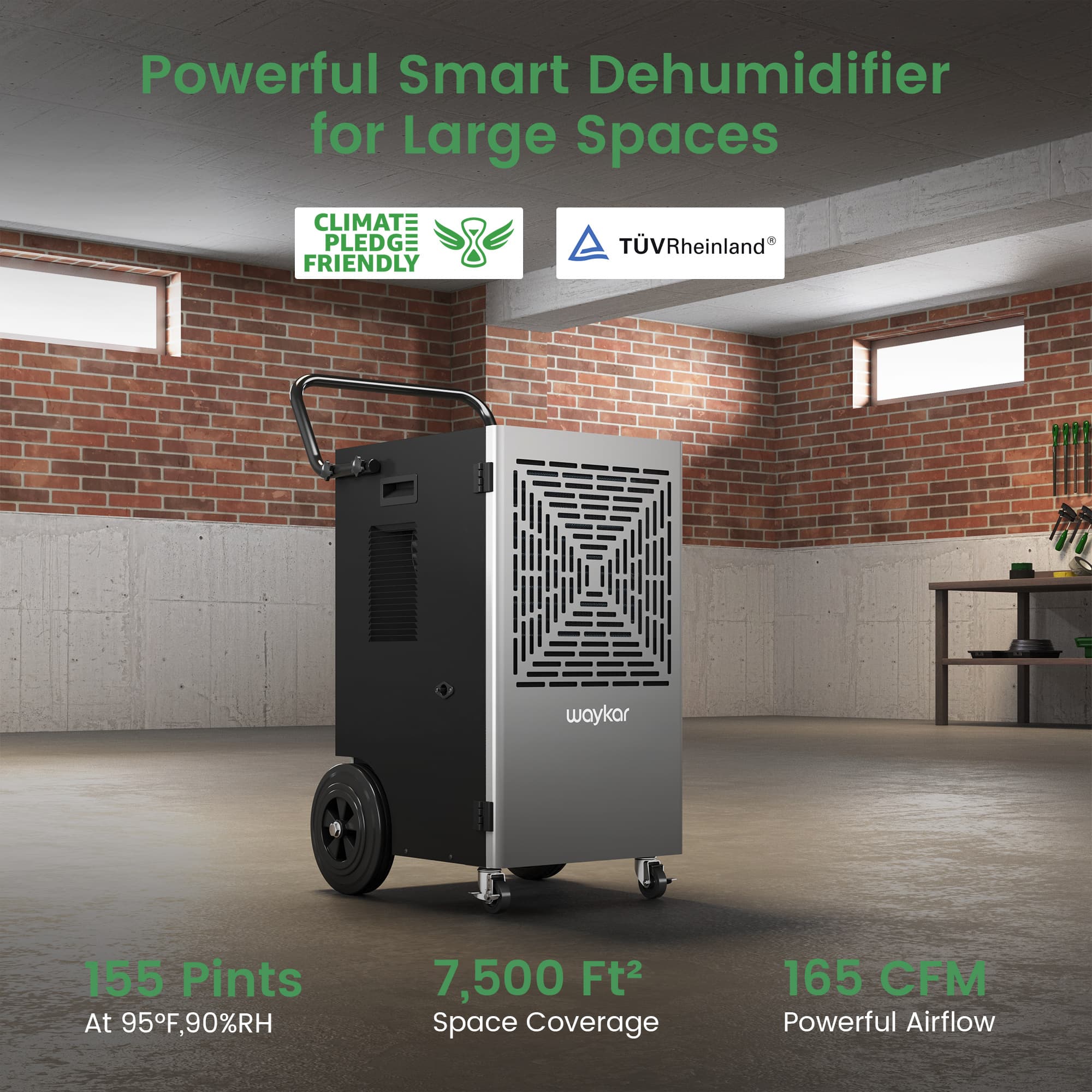 Waykar High-Capacity Commercial Dehumidifier: 155 Pints Dehumidifier f