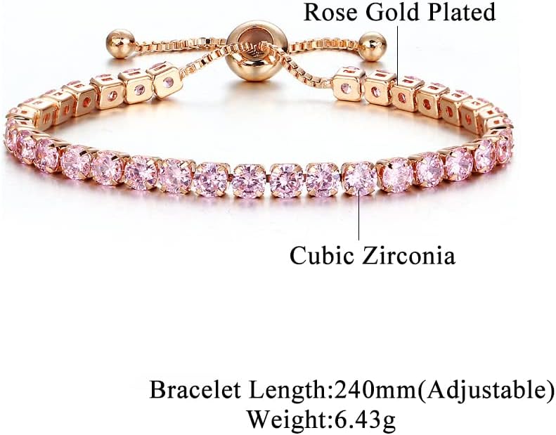 Women’s Adjustable Tennis Bracelet – 14K Rose Gold Plated with Pink Cubic Zirconia, Hypoallergenic Bolo Bracelet Gift
