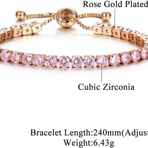 Women’s Adjustable Tennis Bracelet – 14K Rose Gold Plated with Pink Cubic Zirconia, Hypoallergenic Bolo Bracelet Gift