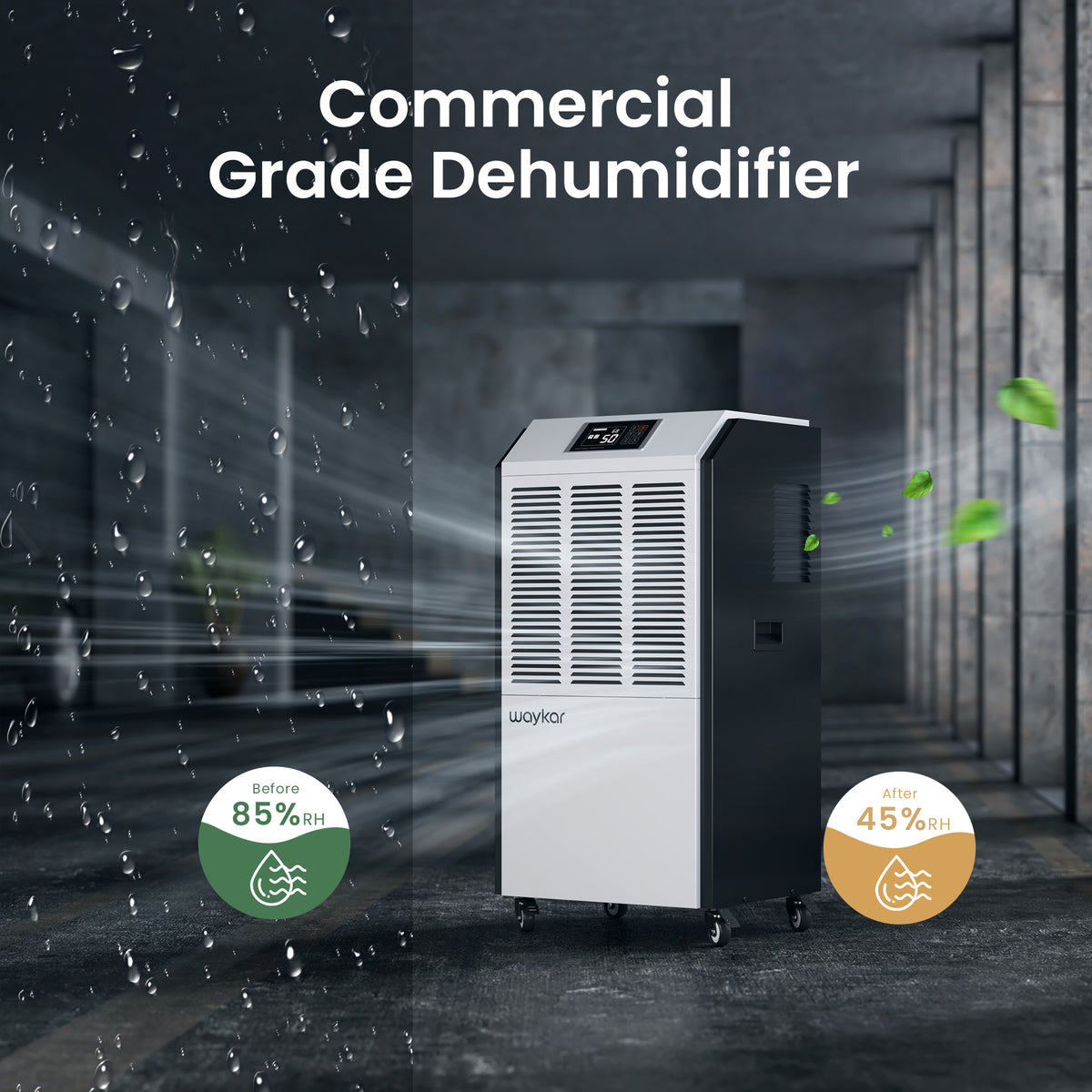 Waykar 291 Pints Commercial Dehumidifier with Drain Hose Industrial Dehumidifier in Large Space up to 9000 Sq. Ft - Intelligent Touch Control for Basements Warehouse Whole House Moisture Remove