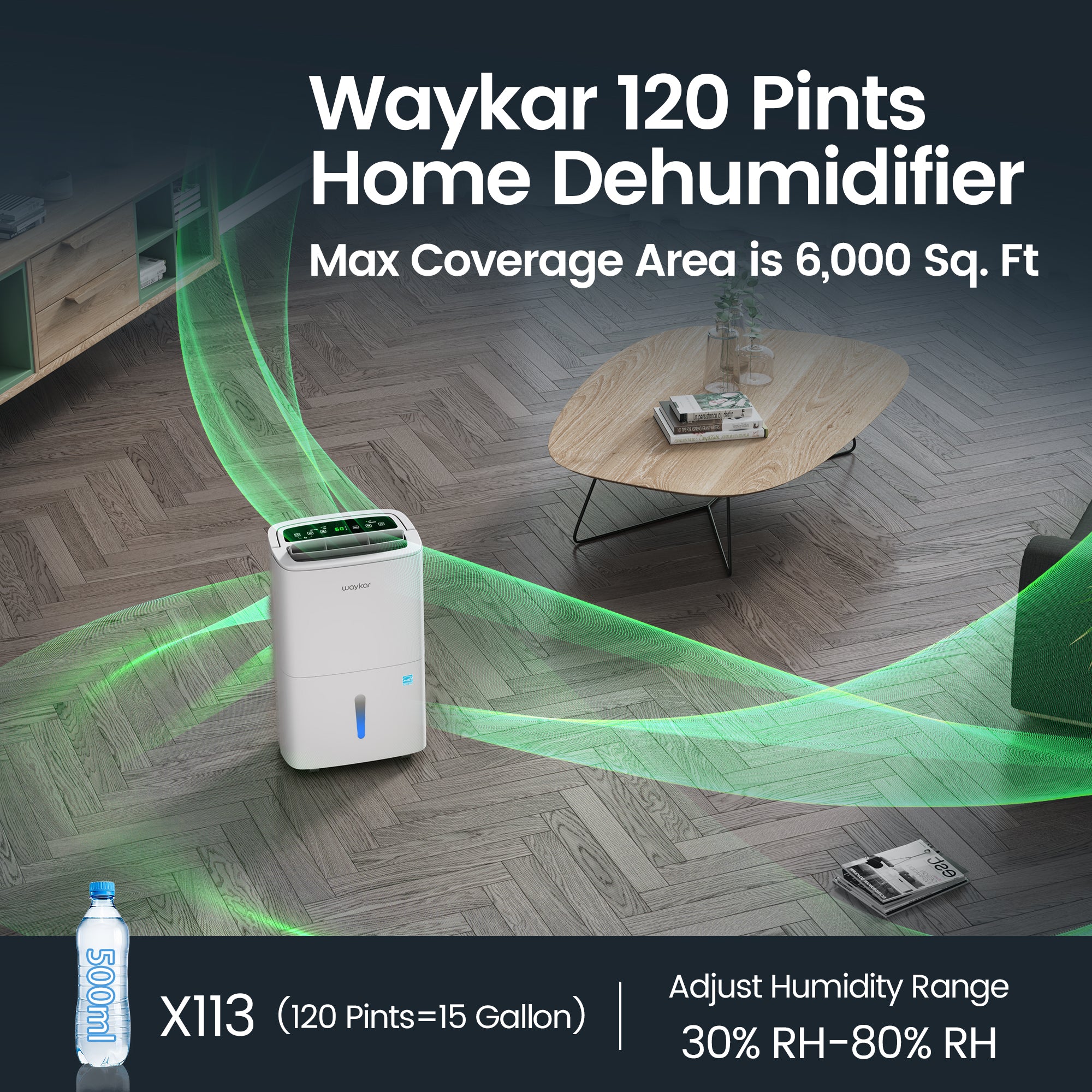 Waykar 120 Pints Energy Star Home Dehumidifier for Spaces up to 6,000 Sq. Ft at Home, in Basements and Large Rooms with Drain Hose, Handle, Auto Defrost and Self-Drying