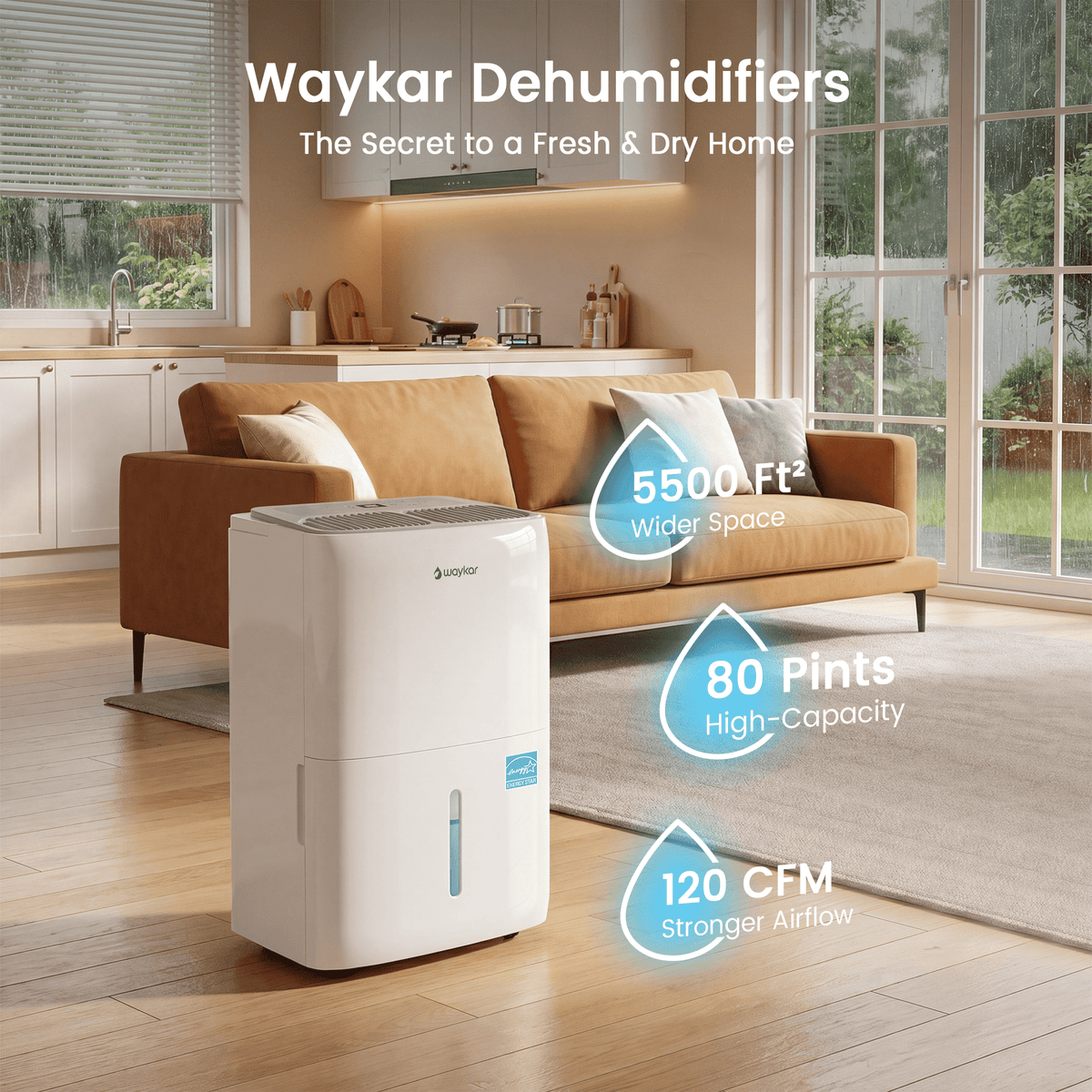 Waykar 80 Pint Dehumidifier, for Basements & Home up to 5000 Sq Ft, Portable Quiet Dehumidifier with Continuous Drain, Auto Defrost, 25 Pint DOE Energy Star