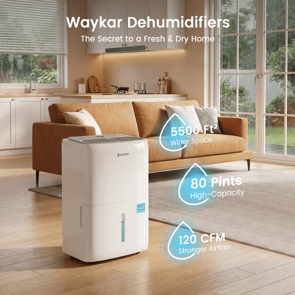 Waykar 80 Pint Dehumidifier, for Basements & Home up to 5000 Sq Ft, Portable Quiet Dehumidifier with Continuous Drain, Auto Defrost, 25 Pint DOE Energy Star