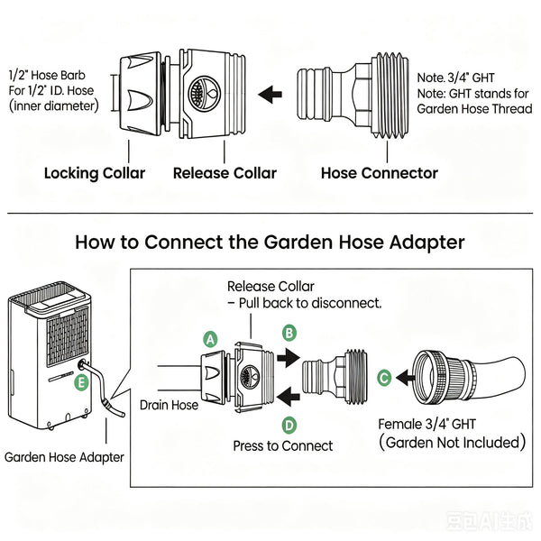 Waykar Dehumidifier Drain Garden Hose Quick Connect Adapter (1/2” Drain to 3/4” GHT)