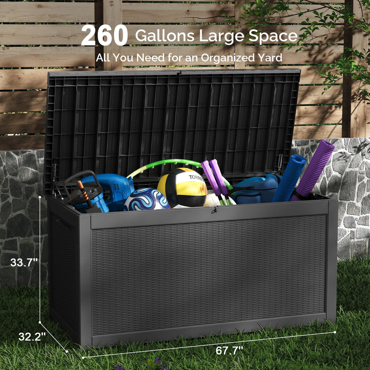 Waykar 260 Gallon Black, Waterproof Lockable Steel Outdoor Storage Box for for Patio Furniture, Pool Toys, Garden Tools and Outdoor Cushions