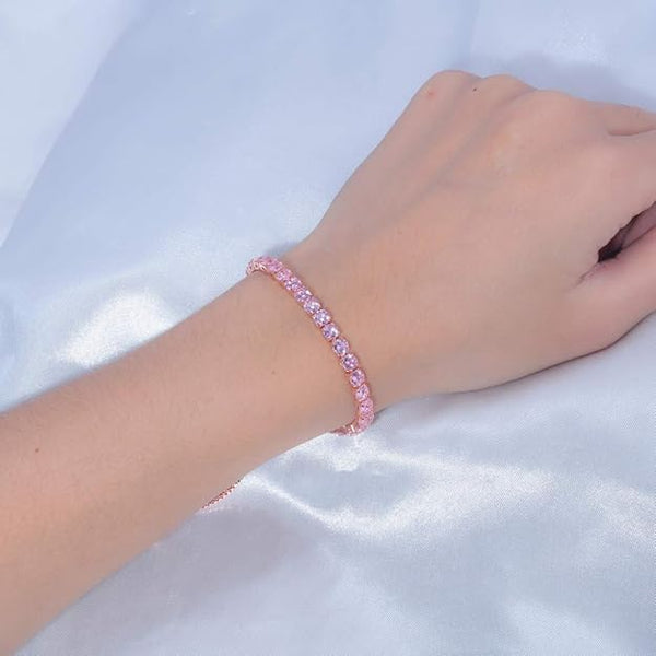 Women’s Adjustable Tennis Bracelet – 14K Rose Gold Plated with Pink Cubic Zirconia, Hypoallergenic Bolo Bracelet Gift