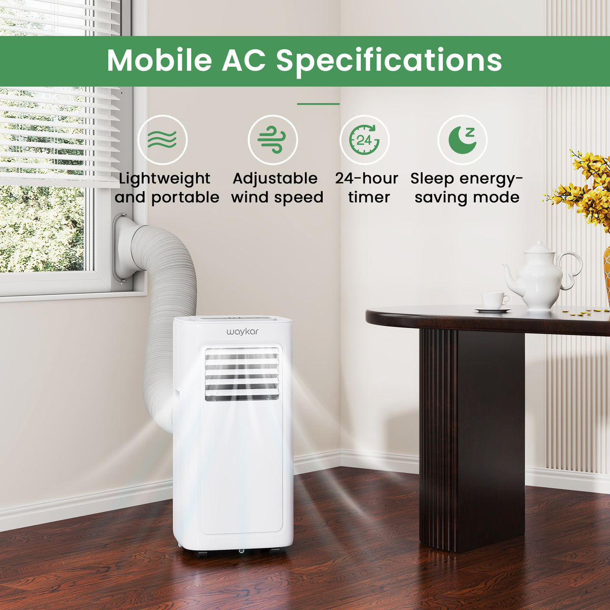 9,000 BTU Portable Air Conditioner, Up to 450 Sq. Ft. Spce Coverage with Air-Cooled Condensers, 3-in-1 Room Air Conditioner with Drain Hose, 24-Hr Timer