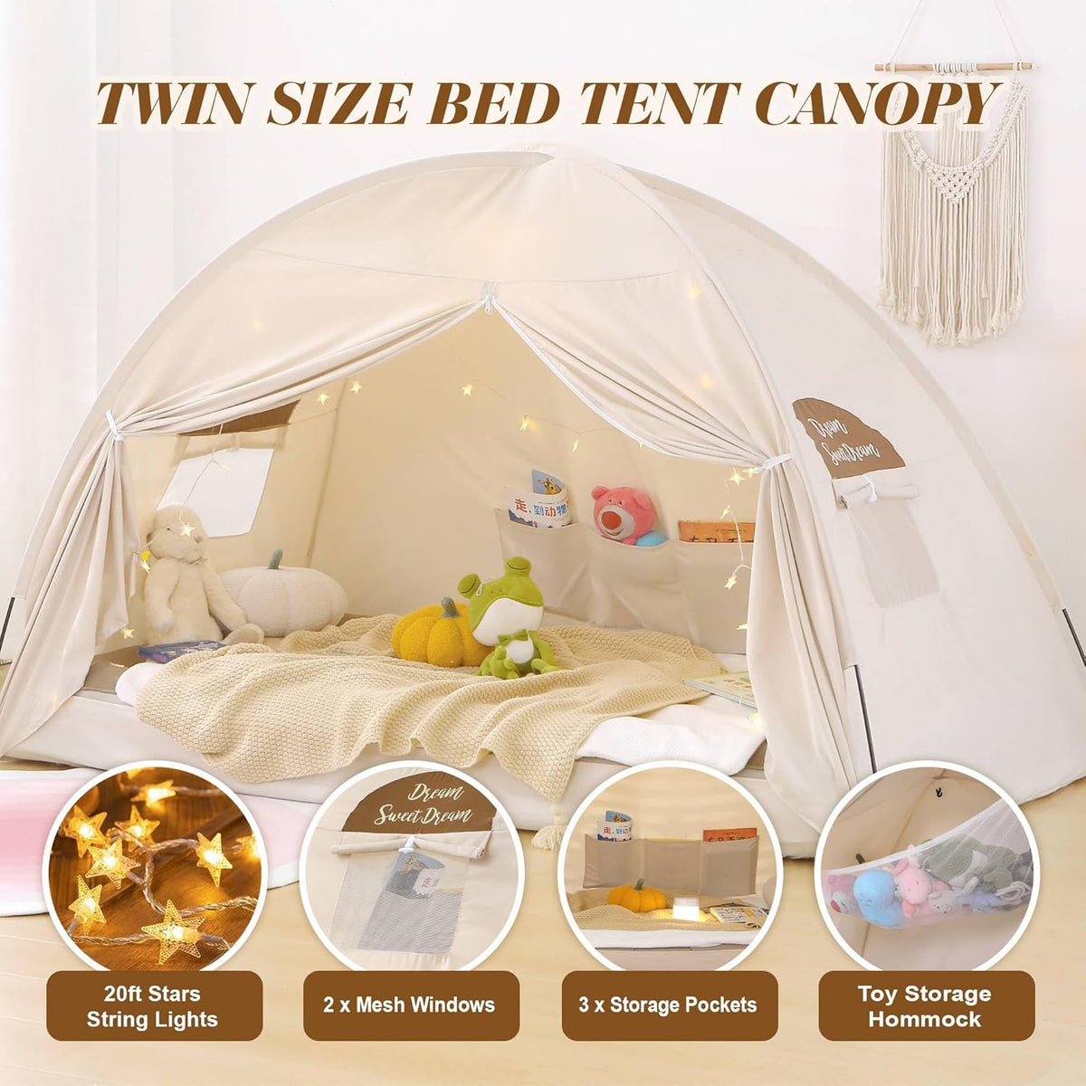 Twin Bed Tent for Kids – Indoor Blackout Sleeping Tent with Dreamy Canopy & Star Lights, Breathable Privacy Bed Tent