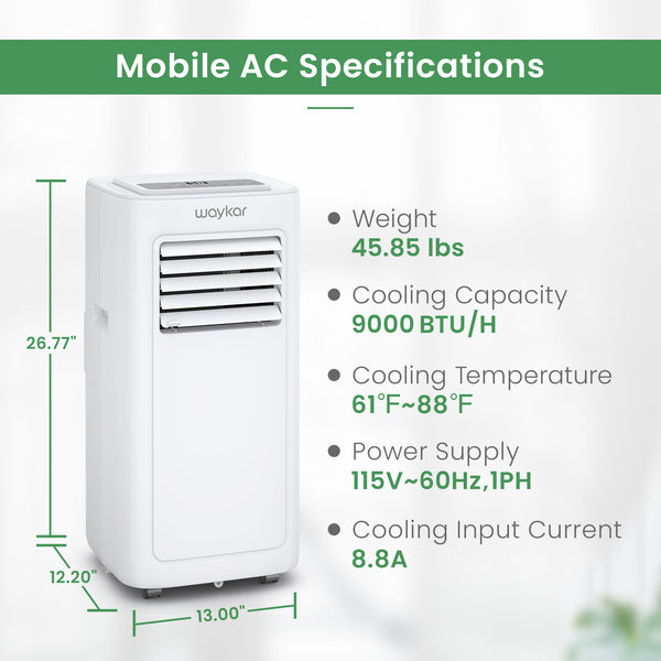 9,000 BTU Portable Air Conditioner, Up to 450 Sq. Ft. Spce Coverage with Air-Cooled Condensers, 3-in-1 Room Air Conditioner with Drain Hose, 24-Hr Timer