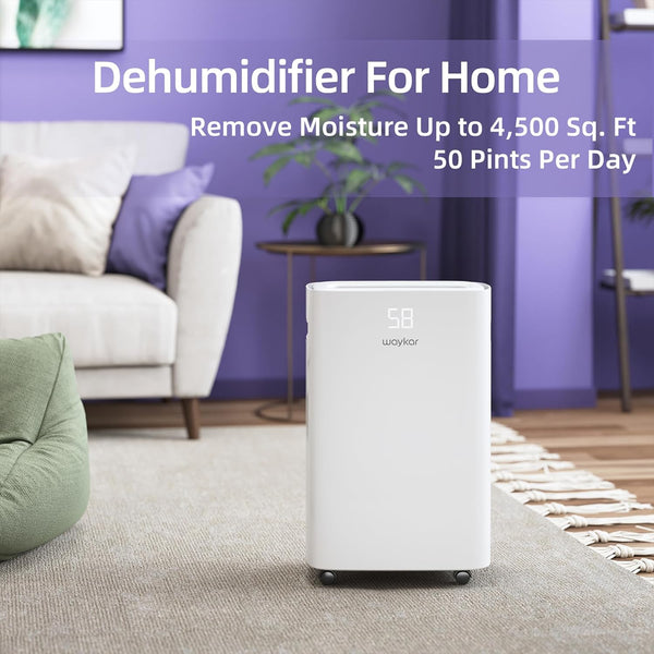 50 Pints Dehumidifier with 0.66 Gal Water Tank, 4,500 sq. ft. covered