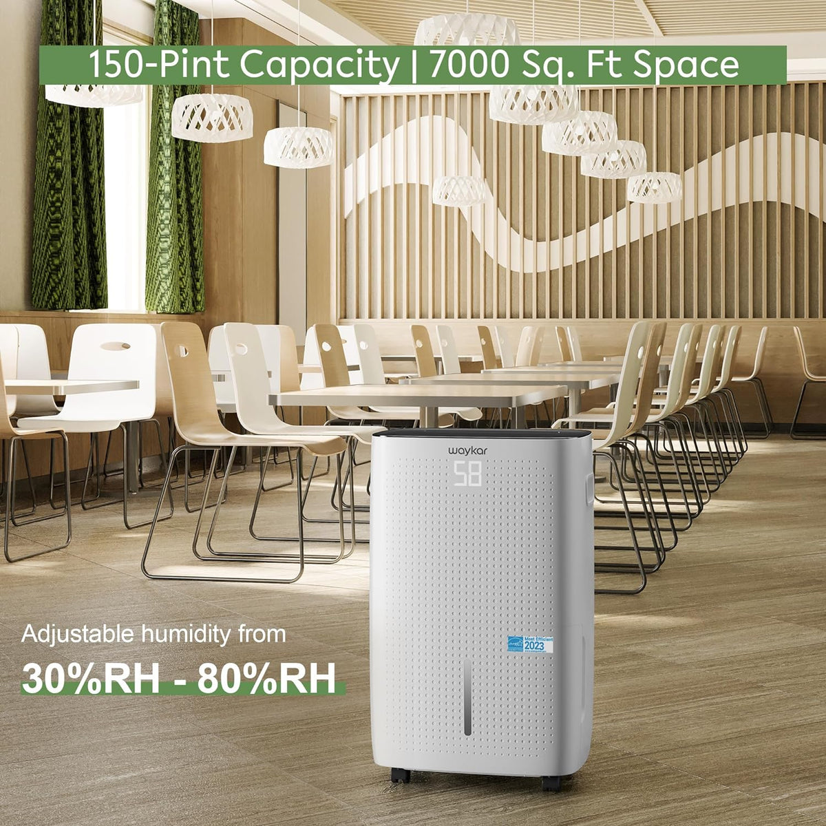 150-Pint Commercial Dehumidifier: For spaces up to 7,000 Sq. Ft, Drain Hose and 2.03 Gal Water Tank