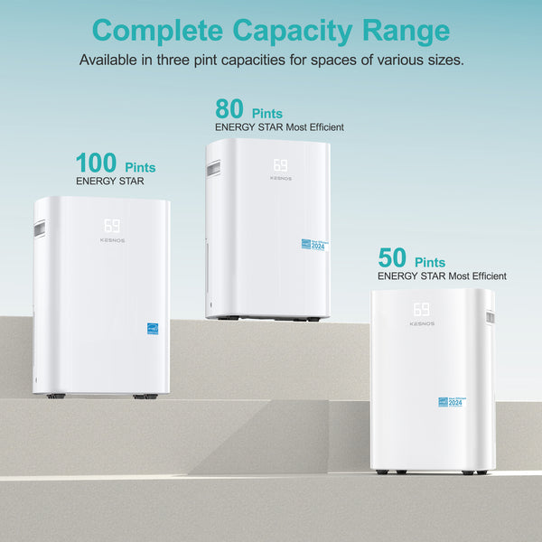 Kesnos 16, 23, 35 Pint Energy Star Dehumidifier for Home Basement Large Room,Max 80 Pint, 5500 Sq. Ft Commercial Grade - Auto Defrost, Ultra Quiet 40dB, Auto Comfort Mode, Dual Drain Option