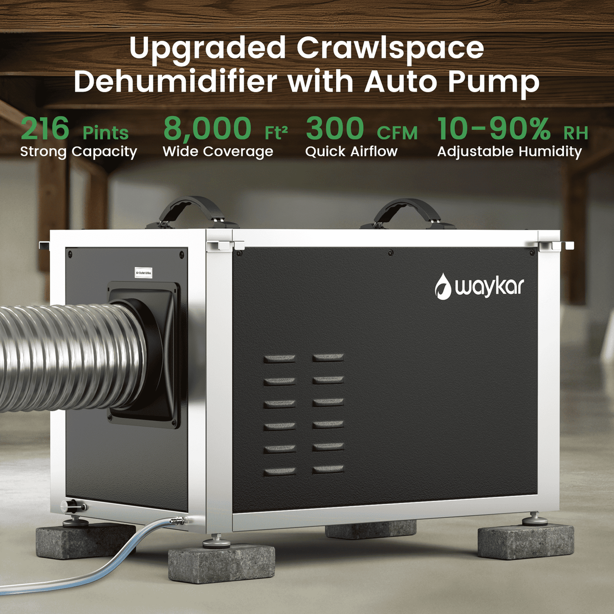 Waykar 216 Pint Crawl Space Dehumidifier with Pump & Remote, Dual Duct Commercial Basement Dehumidifier Model#AFD3.5DPM