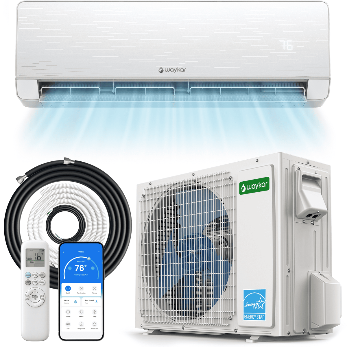 Waykar 24000 BTU Mini Split Air Conditioner and Heater, 230V 22 SEER2 WiFi Smart Inverter Ductless AC, R32 Pre-Charged, 22dB Ultra Quiet, Alexa, Cools/Heats 2000 Sq.Ft.