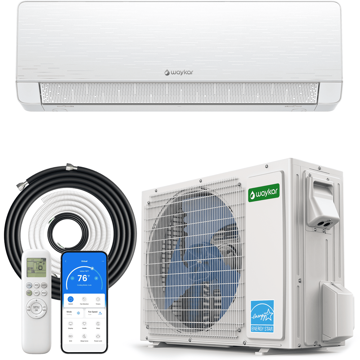 Waykar 24000 BTU Mini Split Air Conditioner and Heater, 230V 22 SEER2 WiFi Smart Inverter Ductless AC, R32 Pre-Charged, 22dB Ultra Quiet, Alexa, Cools/Heats 2000 Sq.Ft.
