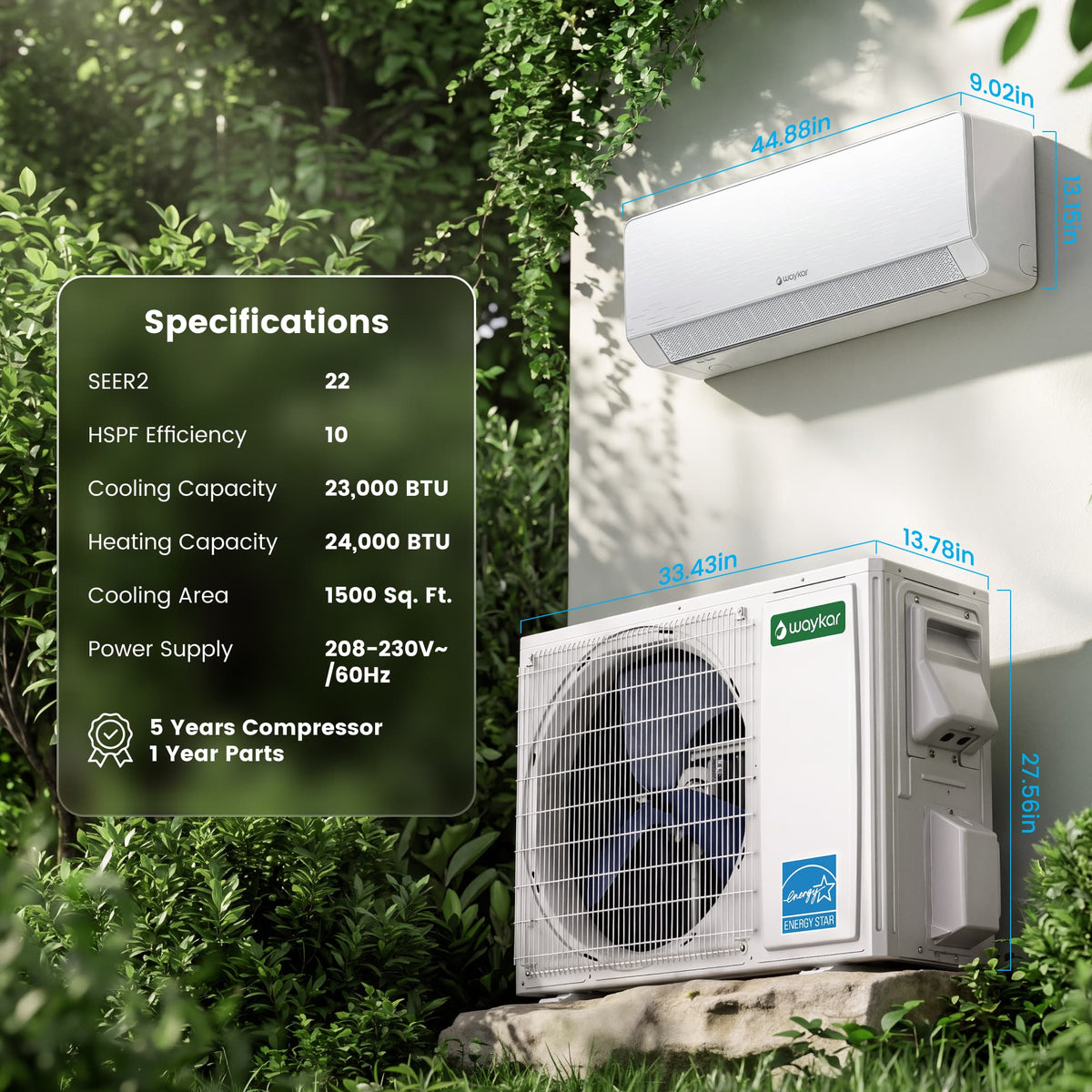 Waykar 24000 BTU Mini Split Air Conditioner and Heater, 230V 22 SEER2 WiFi Smart Inverter Ductless AC, R32 Pre-Charged, 22dB Ultra Quiet, Alexa, Cools/Heats 2000 Sq.Ft.