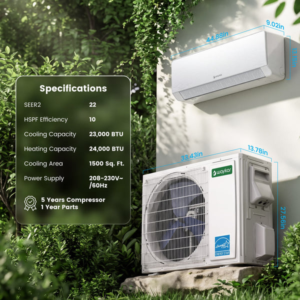 Waykar 24000 BTU Mini Split Air Conditioner and Heater, 230V 22 SEER2 WiFi Smart Inverter Ductless AC, R32 Pre-Charged, 22dB Ultra Quiet, Alexa, Cools/Heats 2000 Sq.Ft.
