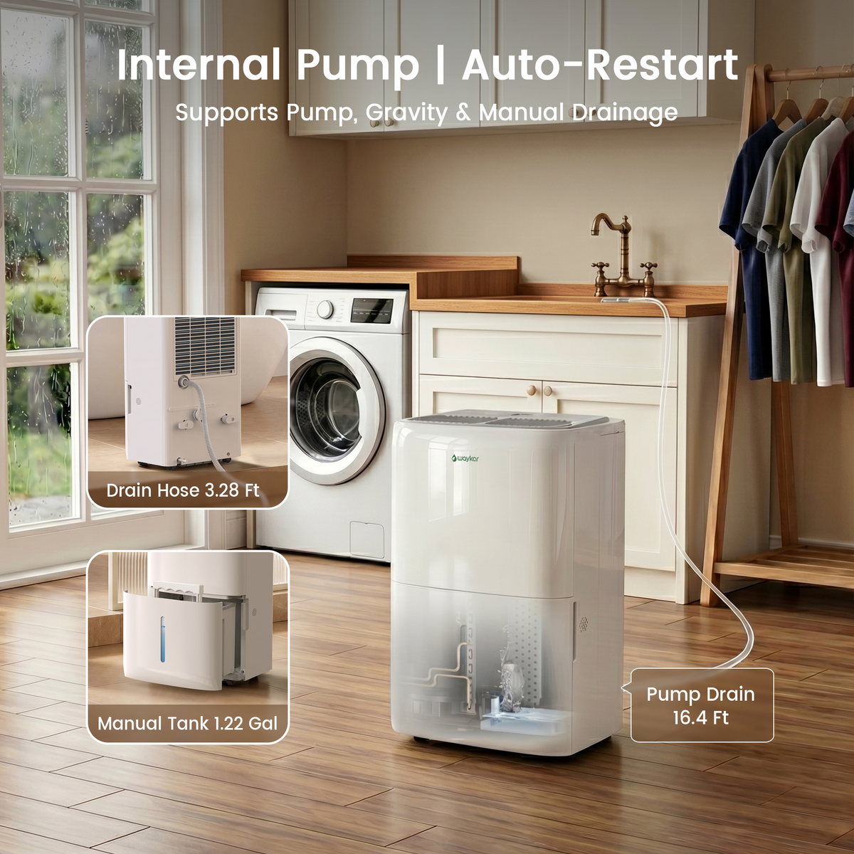 Waykar 150 Pint Dehumidifier with Built in Pump, for Basements & Home up to 7000 Sq Ft, Portable Quiet Dehumidifier with Continuous Drain, Auto Defrost, 50 Pint DOE Energy Star