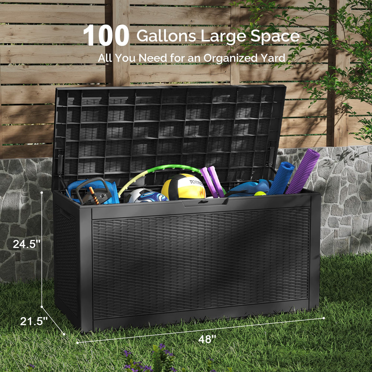 Waykar Deck Box 100 Gallon Black Waterproof Lockable Steel Outdoor Storage Box for for Patio Furniture Pool Toys Garden Tools and Outdoor Cushions