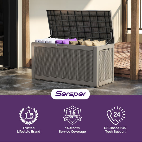 Sersper Deck Box 100 Gallon Gray, Waterproof Lockable Steel Outdoor Storage Box for for Patio Furniture, Pool Toys, Garden Tools and Outdoor Cushions