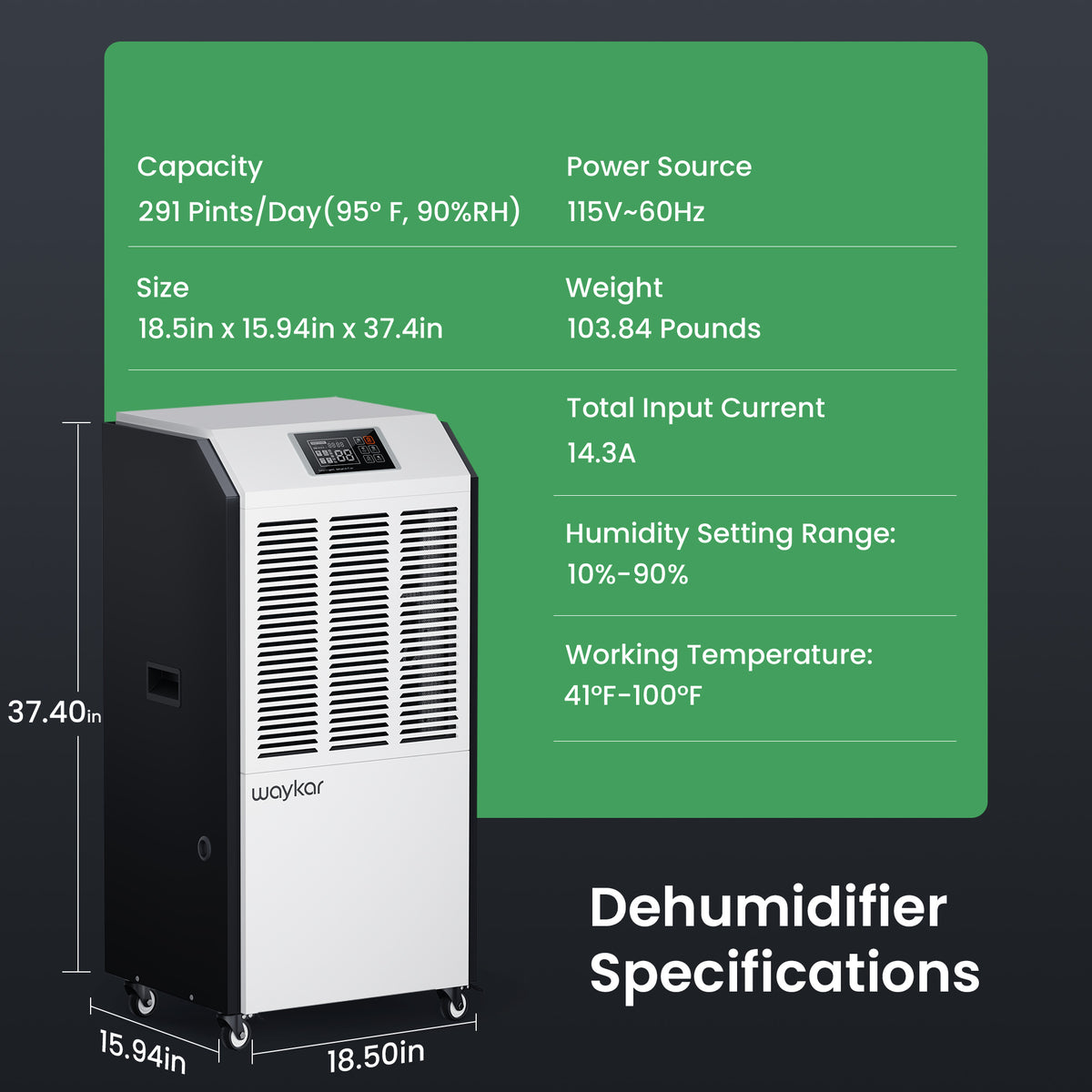 Waykar 291 Pints Commercial Dehumidifier with Drain Hose Industrial Dehumidifier in Large Space up to 9000 Sq. Ft - Intelligent Touch Control for Basements Warehouse Whole House Moisture Remove