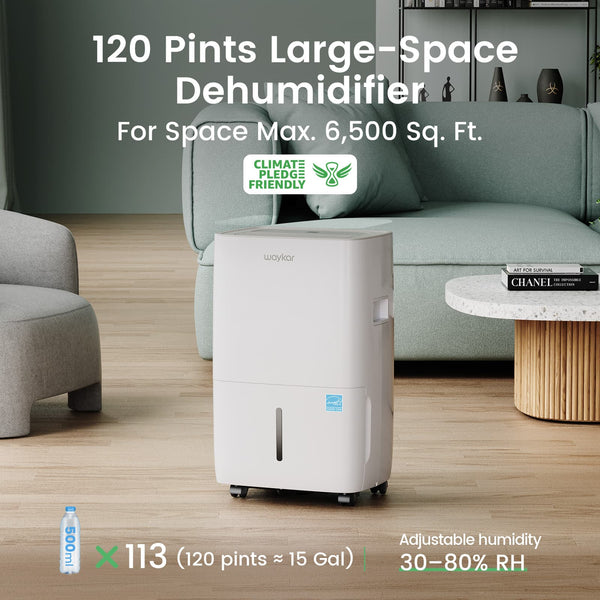 Waykar 120 Pints Energy Star Dehumidifier for Spaces up to 6,000 Sq. Ft at Home, in Basements and Large Rooms with Drain Hose and 1.14 Gallons Water Tank [JD025CE-120]