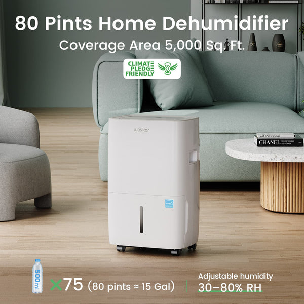 80 Pints 2025 Energy Star Dehumidifier for Spaces up to 5,000 Sq. Ft for Basement and Home, Large Room with Drain Hose and 1.14 Gallons Water Tank
