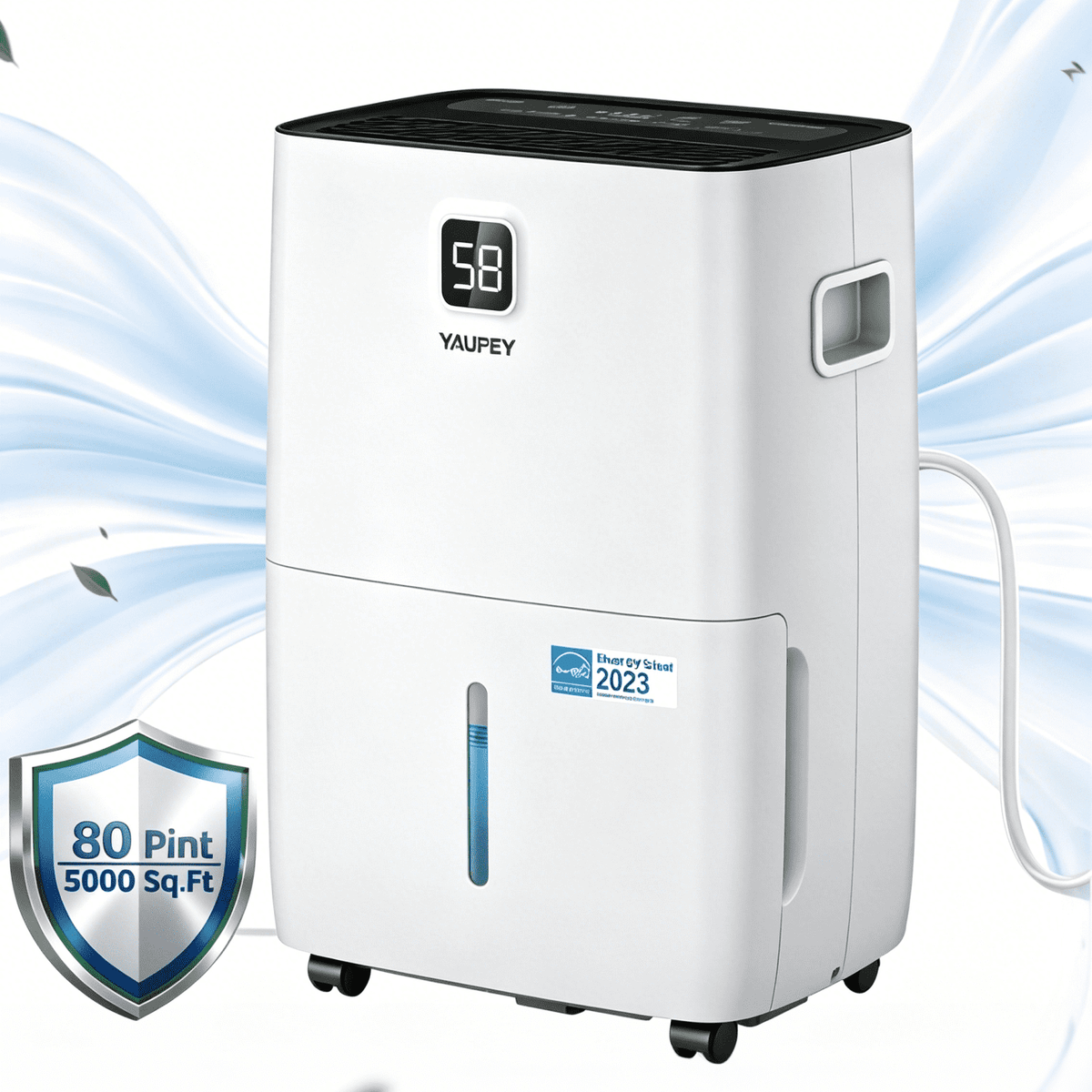 5,000 Sq. Ft. 80 Pint Dehumidifier for Basements & Large Rooms, with Continuous Drain Hose, Auto Defrost, 3 Modes & Child Lock, 25 Pint DOE