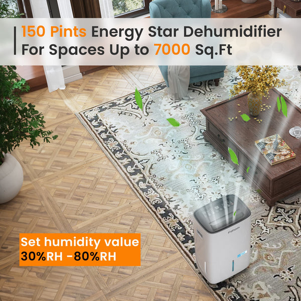 Waykar Fehom Energy Star 50 Pints Dehumidifier for Home and Basement with Pump & Drain Hose - 7,000 Sq. Ft. Ultra Quiet, Humidity Control, Auto Defrost