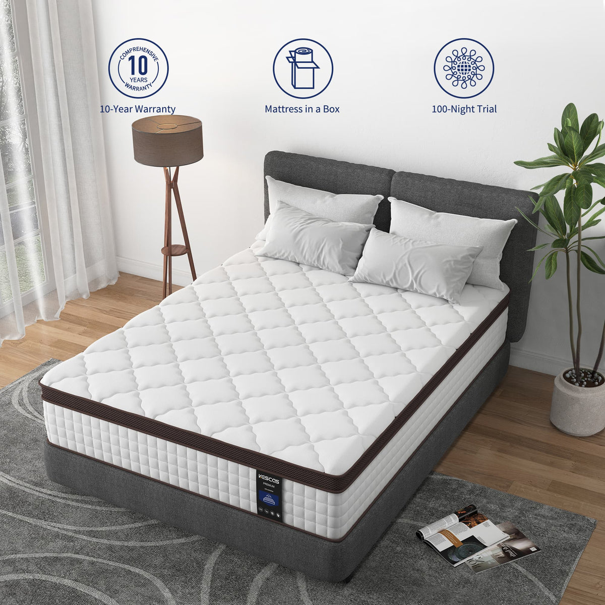Kescas Queen Mattress, 14 Inch Hybrid Mattress Queen with Gel Memory Foam, Breathable Bed Mattress for Cooler Sleep Supportive & Pressure Relief, Medium Firm