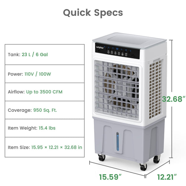 Waykar 3500 CFM 3-Speed Portable Evaporative Air Cooler for 950 sq. ft., Evaporative Swamp Cooler with 6Gal Water Tank and Remote Control for Garage, Yard